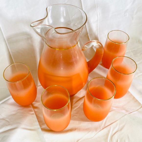 HP πΈ RARE Vintage Blendo Orange Glass Pitcher and 5 Tumblers Set Orange Frosted - Picture 4 of 5